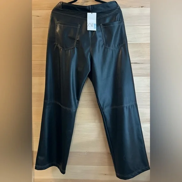 14- NWT XXL Zara | Faux Leather Contrast Stitching Pants black, tan stitching - Picture 2 of 13